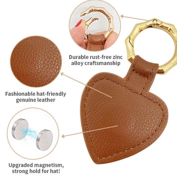 New Brown Leather w/Gold Latch Heart Shaped Magnetic Hat Clip/Travel Accessory - Picture 3 of 7